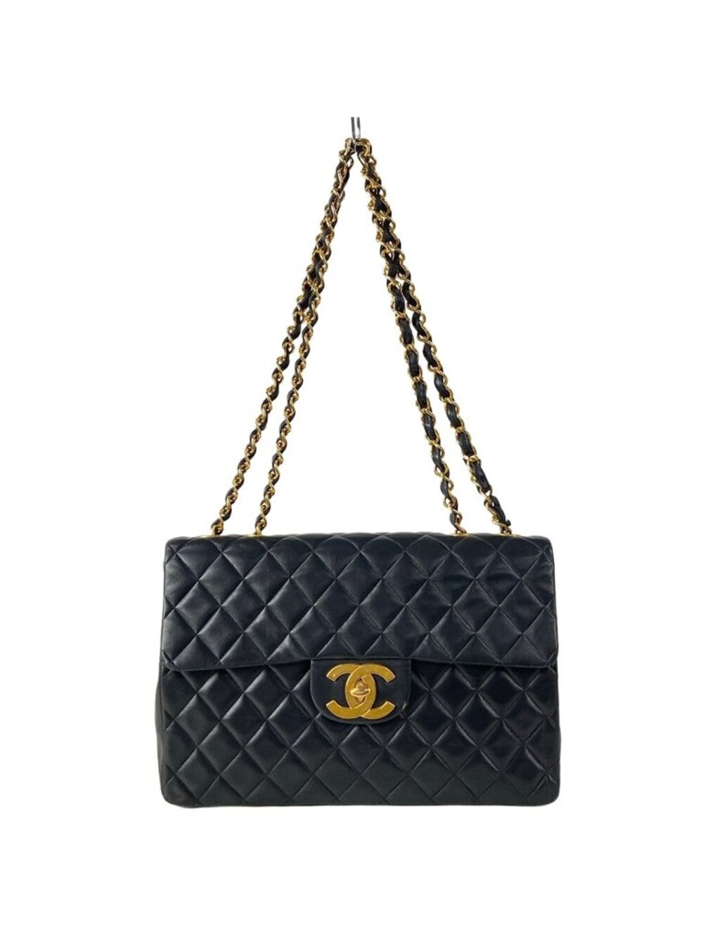Chanel Shoulder Bag Maxi Quilted Black Chain Gold Lambskin